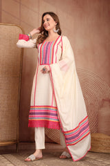 Elegant Off White Pure Self Dobby Cotton Embroidered Kurta Set with Dupatta