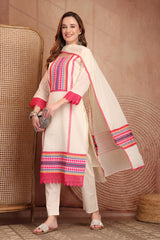 Elegant Off White Pure Self Dobby Cotton Embroidered Kurta Set with Dupatta