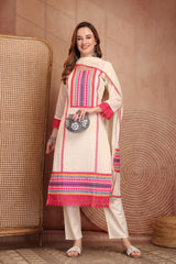 Elegant Off White Pure Self Dobby Cotton Embroidered Kurta Set with Dupatta