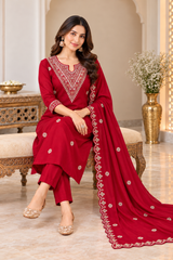 Beautiful Cherry Red Dola Silk Embroidered Kurta Set