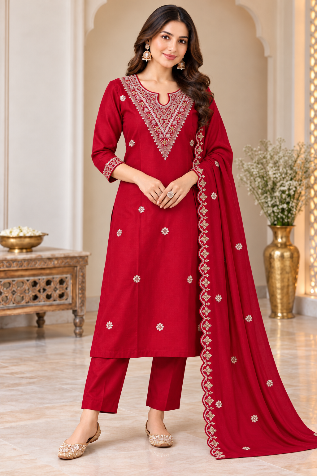 Beautiful Cherry Red Dola Silk Embroidered Kurta Set