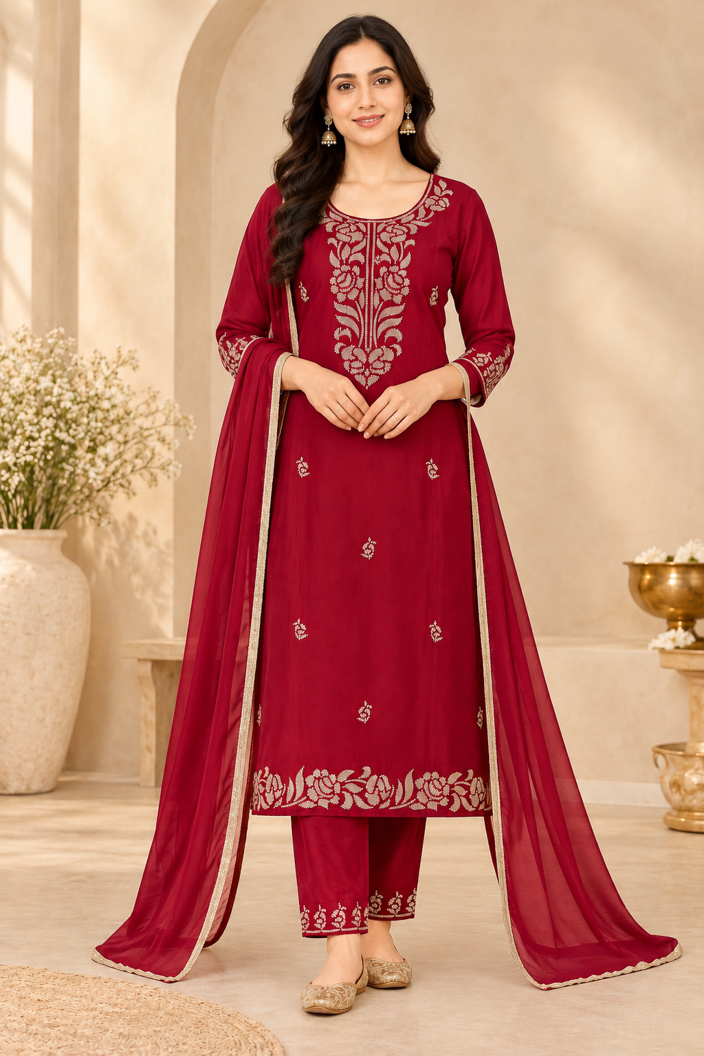 Elegant Deep Maroon Cut Dana Embroidered Chinon Kurta Set