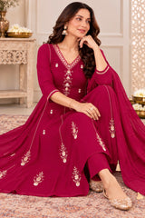 Beautiful Wine Pink Embroidered Mul Chanderi Anarkali Suit Set