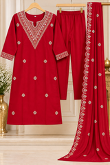 Beautiful Cherry Red Dola Silk Embroidered Kurta Set