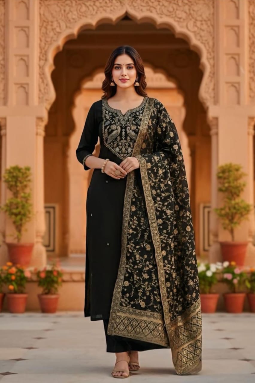 Elegant Black Embroidered Kurta Set with Banarasi Dupatta