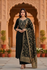 Elegant Black Embroidered Kurta Set with Banarasi Dupatta