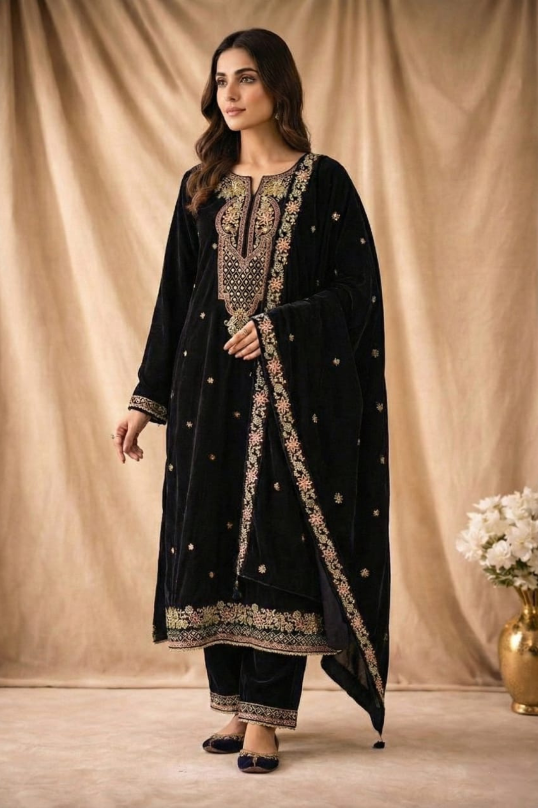 Fully Stitched - Classic Black Velvet Embroidered Kurta Set with Velvet Shawl