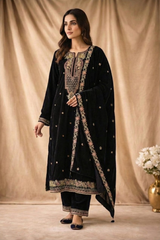 Fully Stitched - Classic Black Velvet Embroidered Kurta Set with Velvet Shawl