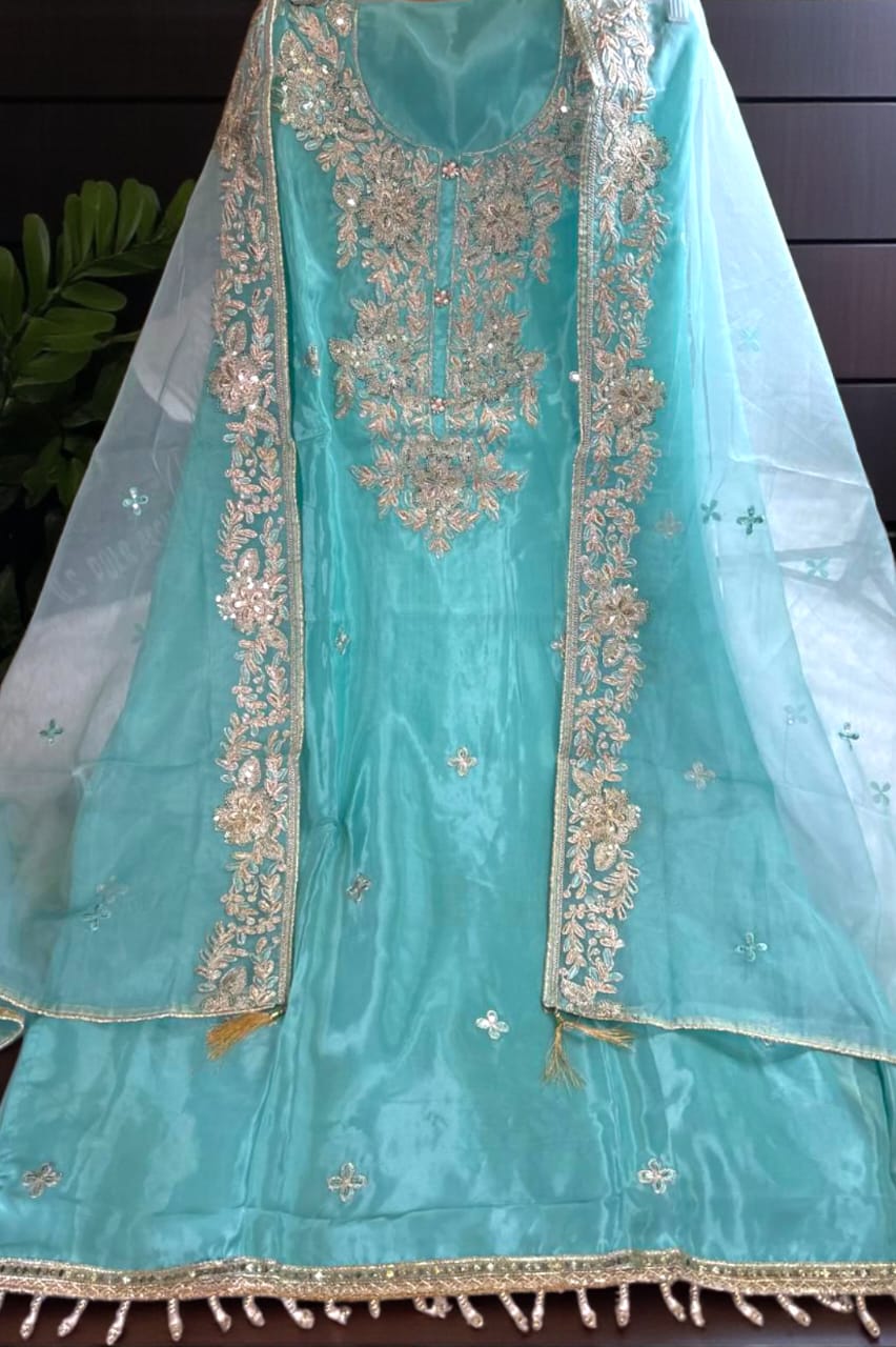 Premium Glass Organza Embroidered Suit Set with Dupatta-Blue
