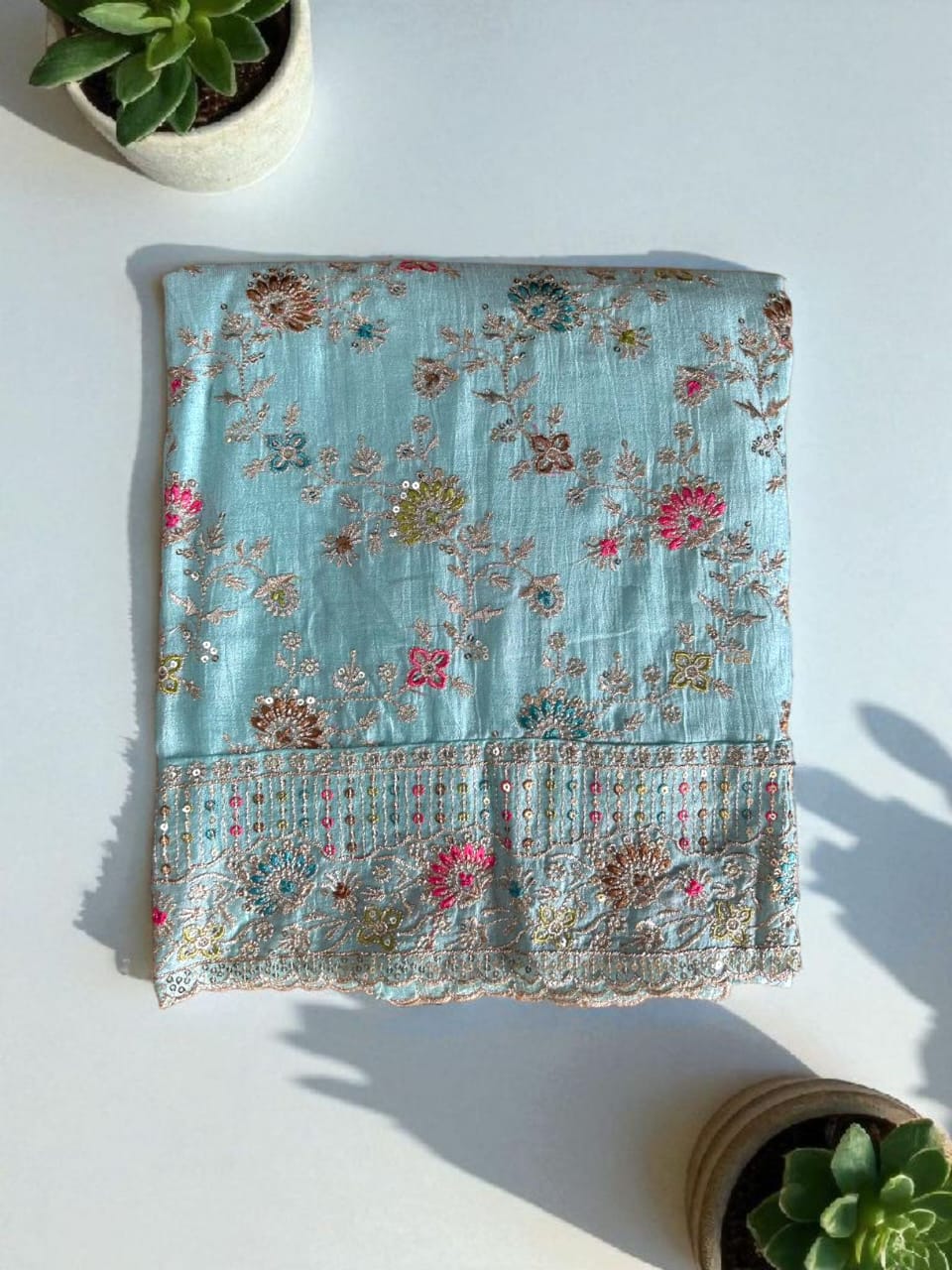 Elegant Vichitra Embroidered Unstitched Suit-Blue