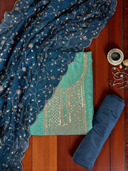 Graceful Vichitra Silk Embroidered Unstitched Suit with Embroidered Jaal Dupatta- Blue