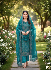 Premium Kota Silk Embroidered Unstitched Suit-Blue