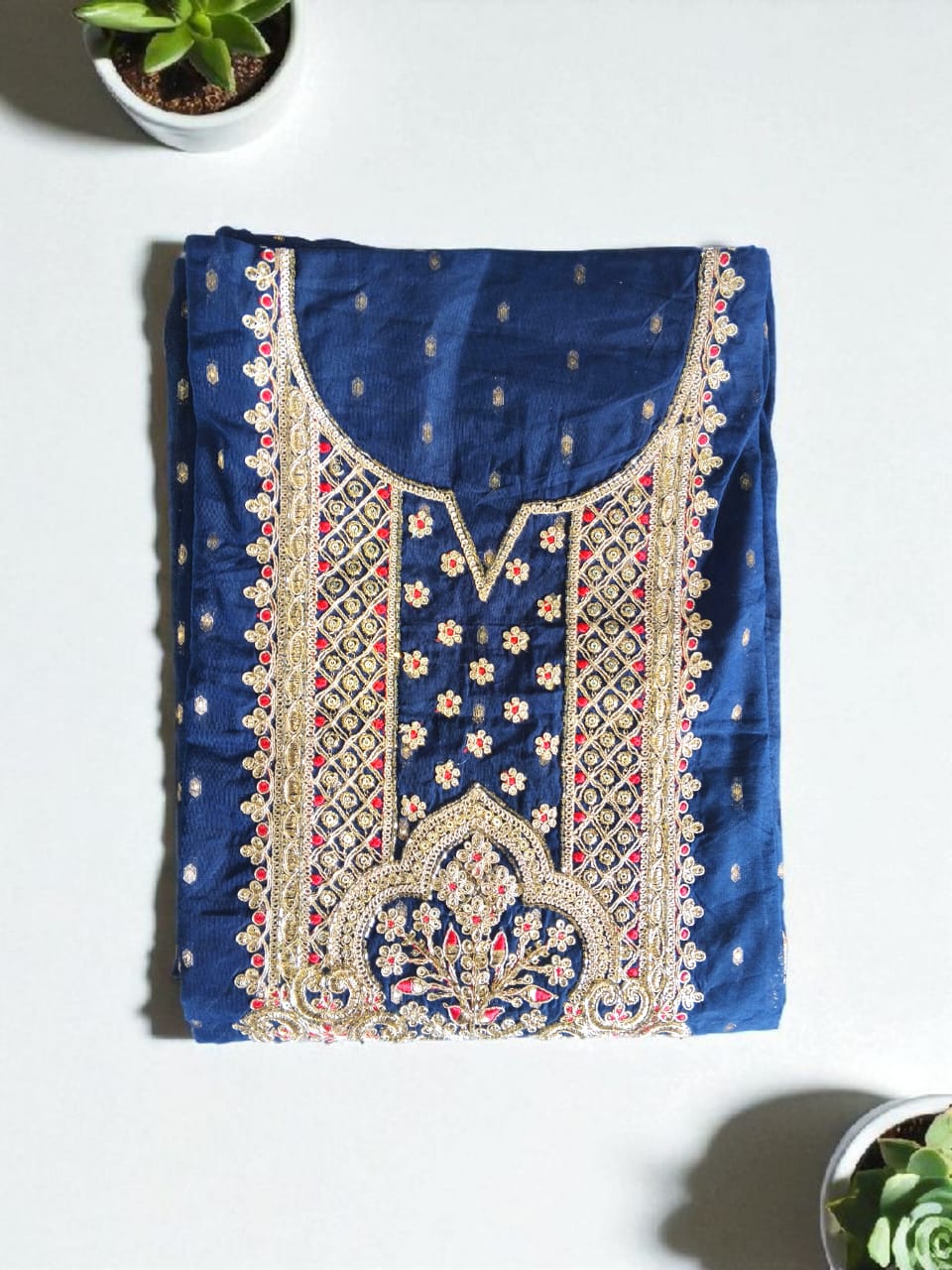 Elegant Chanderi Silk Embroidered Unstitched Suit with Banarasi Dupatta