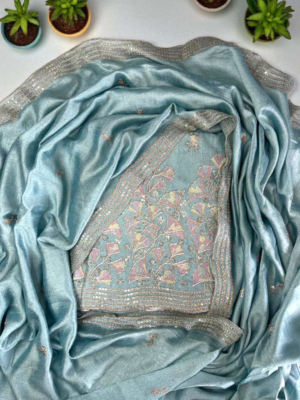 Elegant Vichitra Embroidered Unstitched Suit Set with Dupatta