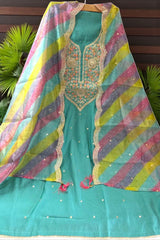 Elegant Embroidered Suit Set with Multicolor Dupatta – Blue