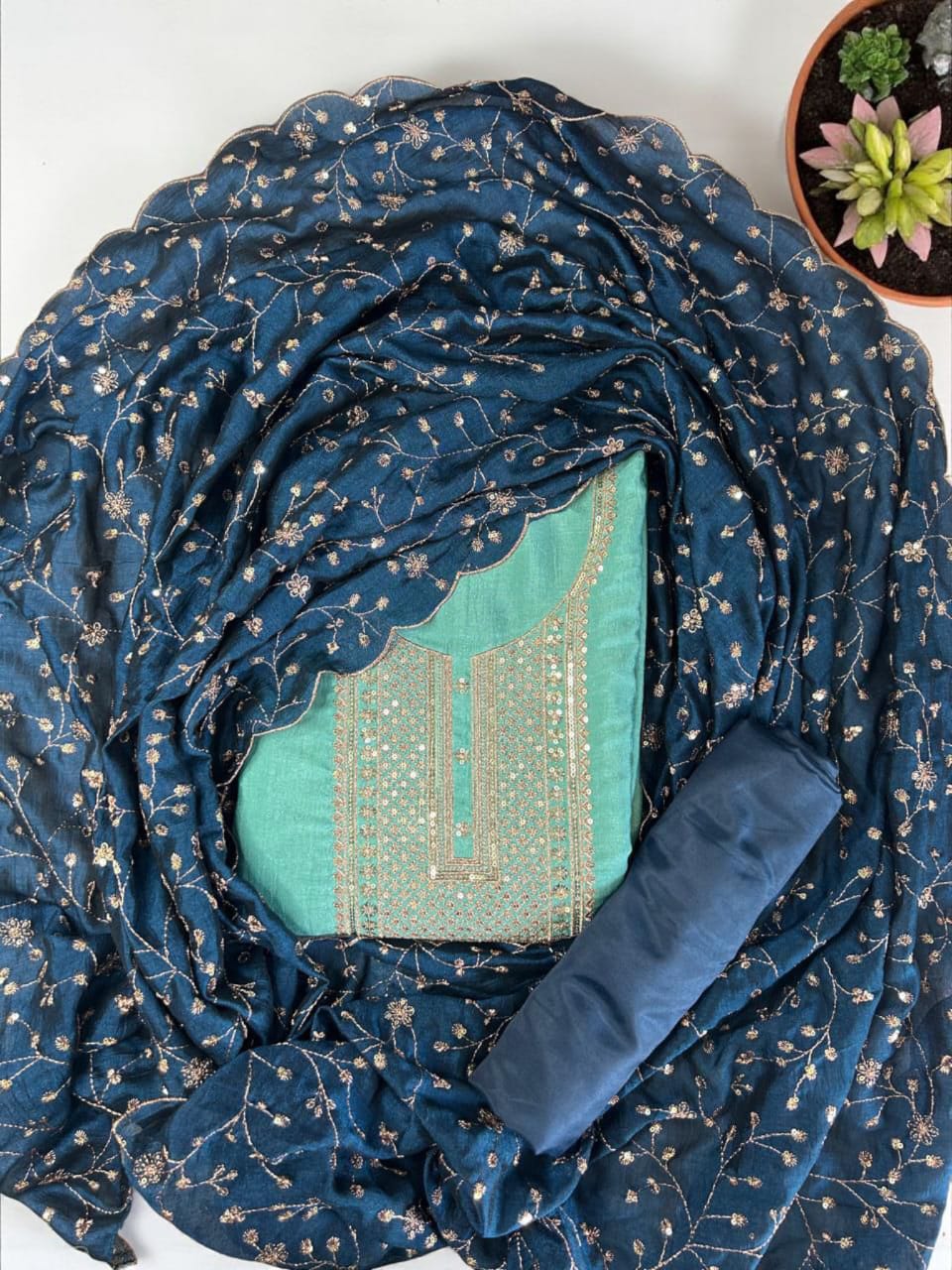 Graceful Vichitra Silk Embroidered Unstitched Suit with Embroidered Jaal Dupatta