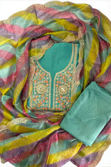 Elegant Embroidered Suit Set with Multicolor Dupatta – Blue