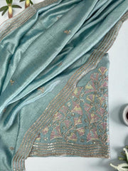 Vichitra Silk Embroidered Unstitched Suit Set with Dupatta-Blue