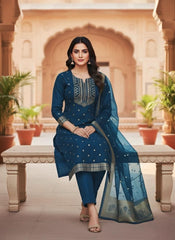 Premium Teal Blue Embroidered Kurta Set with Dupatta