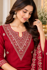 Beautiful Cherry Red Dola Silk Embroidered Kurta Set