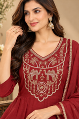Elegant Rust Red Mul Chanderi Embroidered A-Line Kurta Set with Dupatta