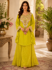 Gorgeous Lime Green Pure Crepe Embroidered Kaftan with Palazzo Set