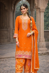 Rust Orange Chinon Embroidered Suit Set