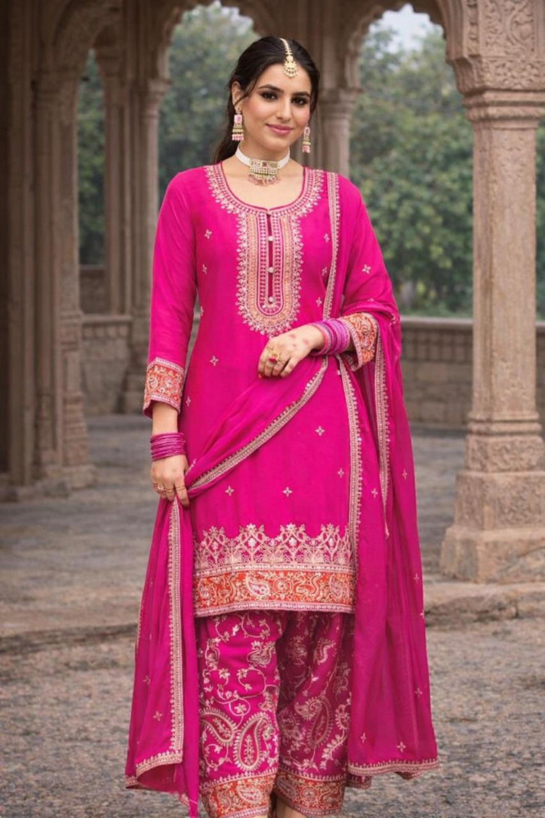 Bright Pink Embroidered Chinon Kurta Set Afgani Bottton