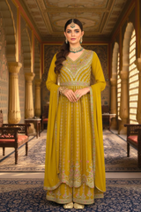 Mustard Yellow Embroidered Chinon Anarkali Suit Set
