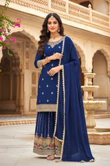 Royal Blue Chinon Kurta Set with Designer Sharara & Dupatta