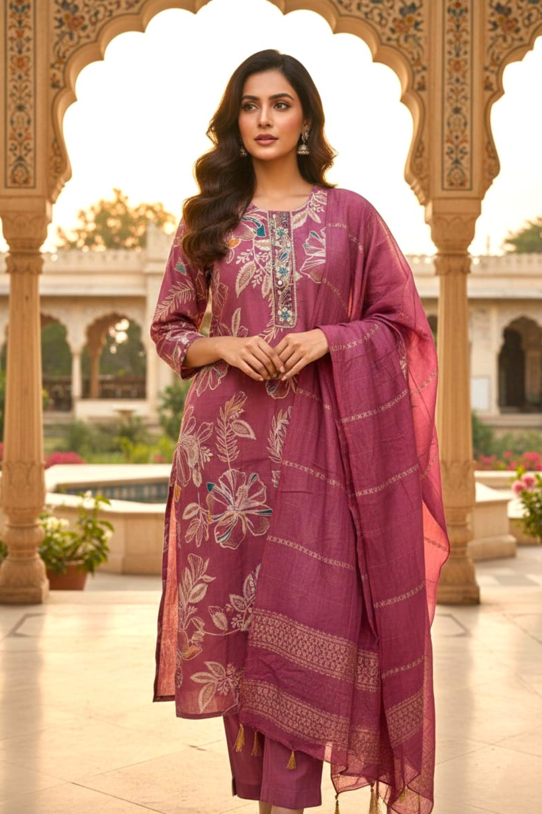 Pink Cotton Silk Floral Embroidered Kurta Set with Dupatta