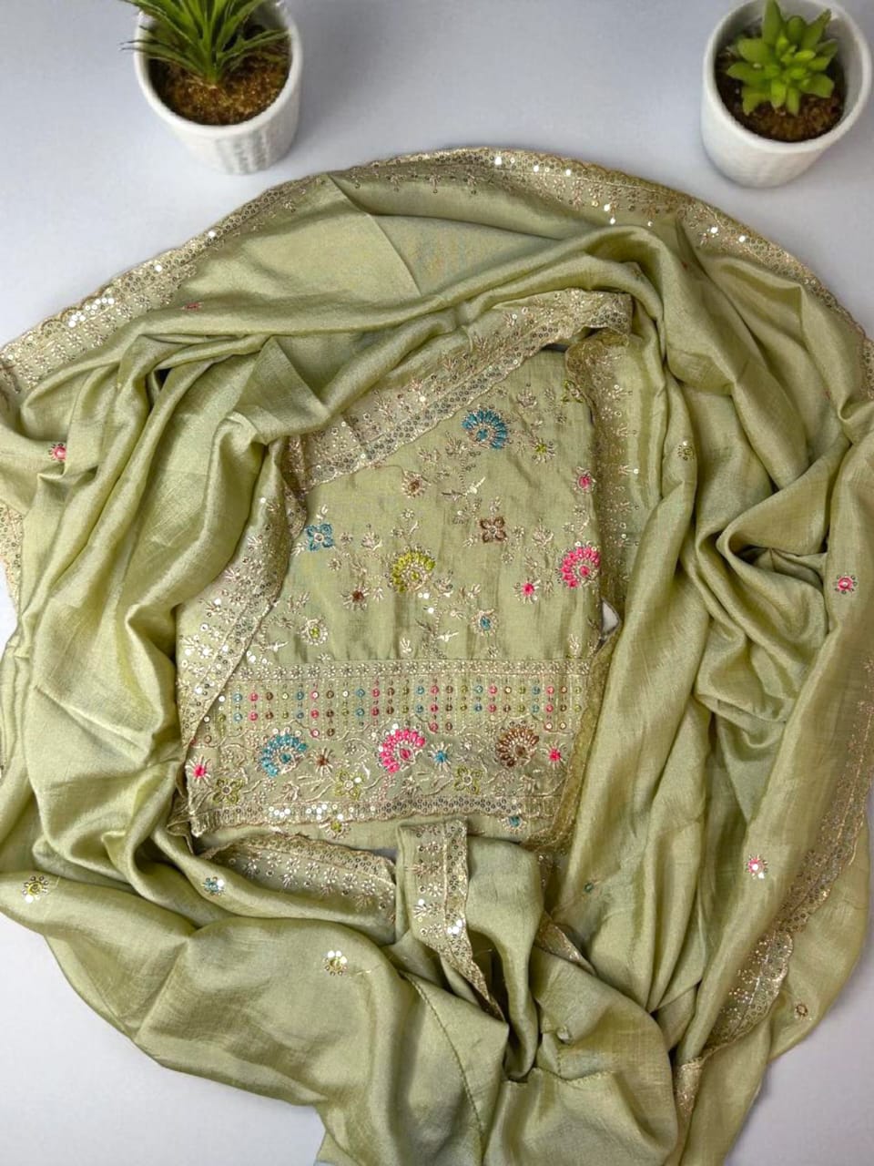 Elegant Vichitra Embroidered Unstitched Suit