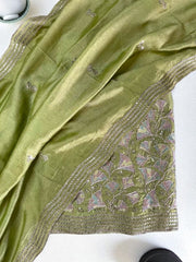 Vichitra Silk Embroidered Unstitched Suit Set with Dupatta-Green