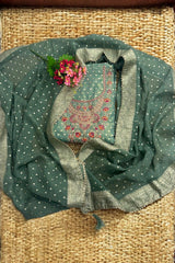 Modal Silk Unstitched Suit with Embroidered Neckline & Banarasi Dupatta