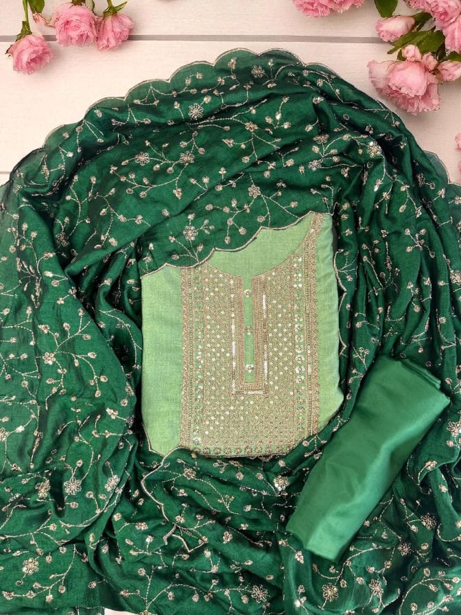 Graceful Vichitra Silk Embroidered Unstitched Suit with Embroidered Jaal Dupatta