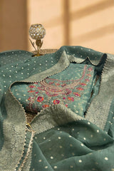 Modal Silk Unstitched Suit with Embroidered Neckline & Banarasi Dupatta