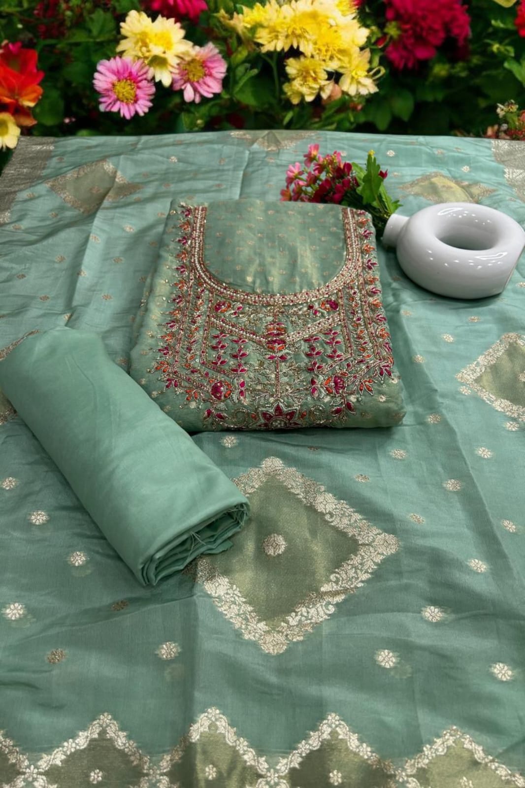 Stunning Shimmer Jacquard Unstitched Suit with Intricate Embroidery & Zari Dupatta