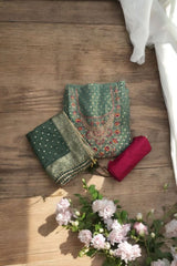 Modal Silk Unstitched Suit with Embroidered Neckline & Banarasi Dupatta
