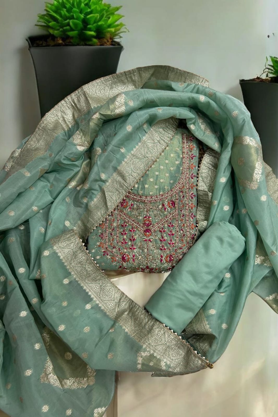 Stunning Shimmer Jacquard Unstitched Suit with Intricate Embroidery & Zari Dupatta