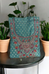 Modal Silk Unstitched Suit with Embroidered Neckline & Banarasi Dupatta