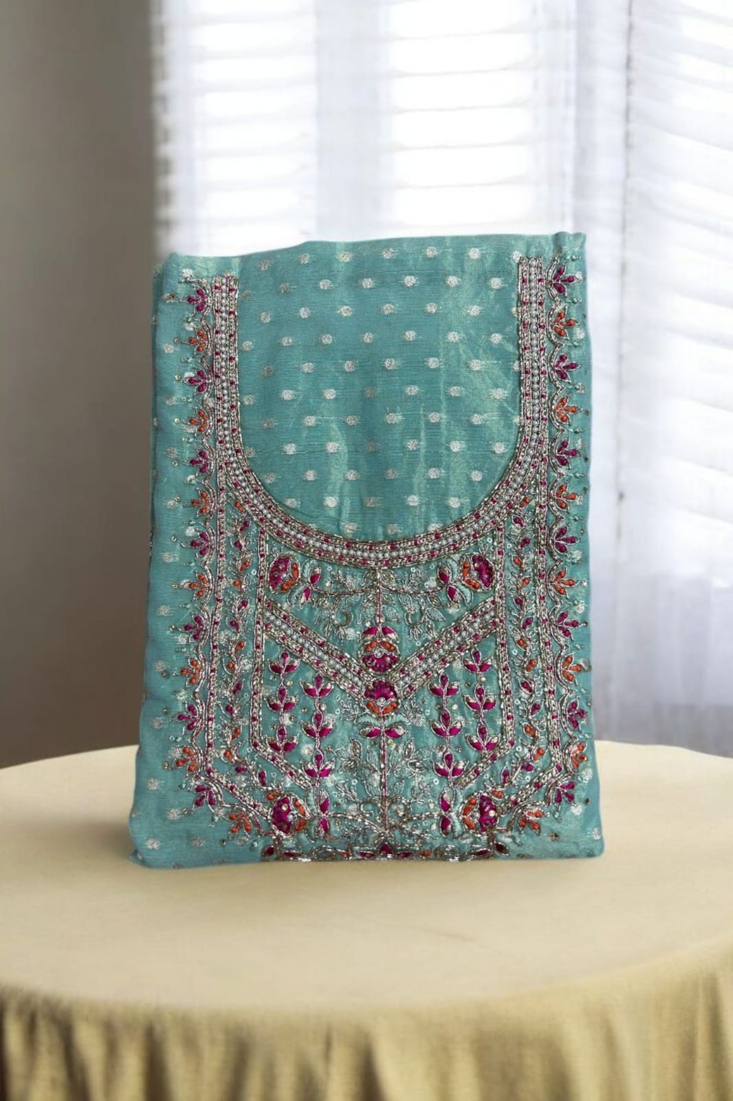 Stunning Shimmer Jacquard Unstitched Suit with Intricate Embroidery & Zari Dupatta
