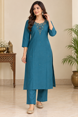 Beautiful Teal Roman Silk Embroidered Kurta Pant Set with Dupatta