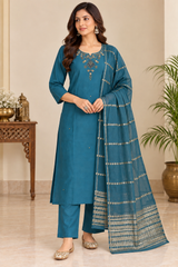 Beautiful Teal Roman Silk Embroidered Kurta Pant Set with Dupatta