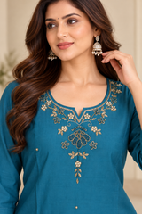 Beautiful Teal Roman Silk Embroidered Kurta Pant Set with Dupatta