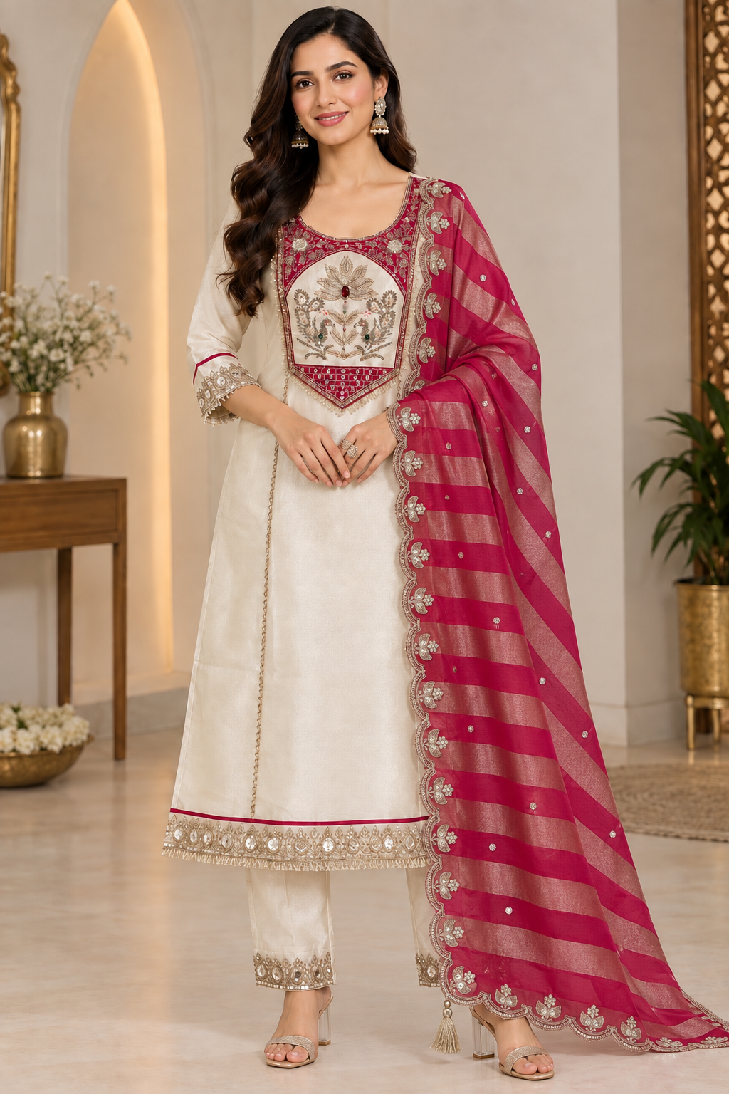 Royal Tissue Off white Heavy Embroidered Kurta Set