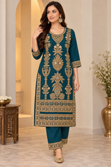 Teal Blue Heavy Embroidered Festive Kurta Set with Dupatta