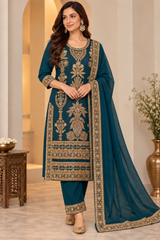 Teal Blue Heavy Embroidered Festive Kurta Set with Dupatta