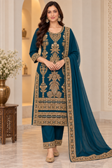 Teal Blue Heavy Embroidered Festive Kurta Set with Dupatta
