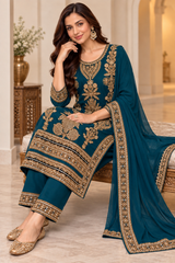 Teal Blue Heavy Embroidered Festive Kurta Set with Dupatta