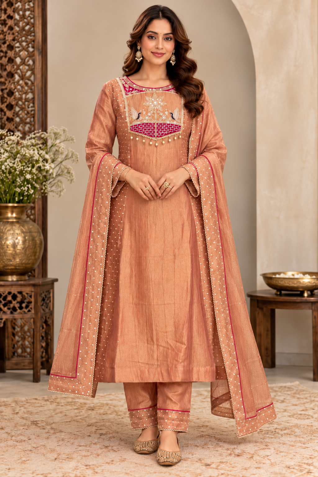 Royal Peach Embroidered Salsa Kurta Set with Dupatta